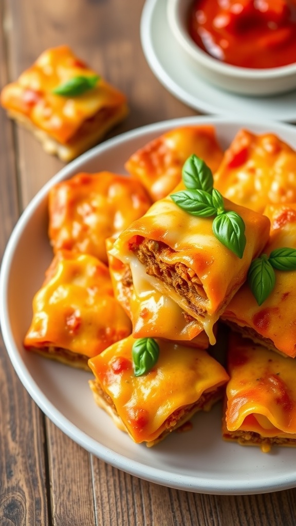 Cheesy lasagna bites with tomato sauce and basil on a rustic plate.